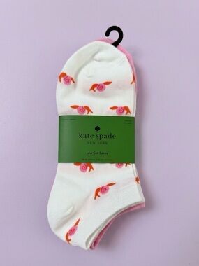 kate spade White Low Cut Socks with Pink & Orange Floral Motif 3 pairs